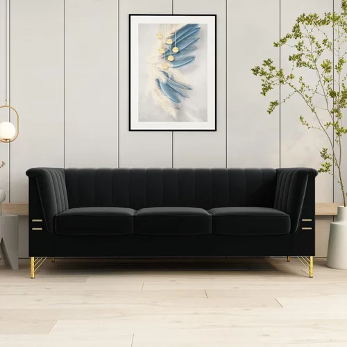 Vista 10 de Sofá de terciopelo moderno de mediados de siglo con patas de metal dorado, sofá Chesterfield de 3 plazas para sala de estar, dormitorio, Beige