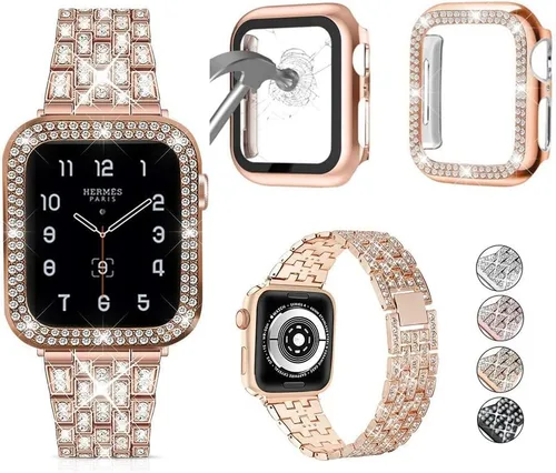 Vista 22 de JOHIPI Correa de reloj unisex, 1.575 pulgadas, acero inoxidable, diamantes de imitación, vidrio templado protector, adecuado para Apple Watch