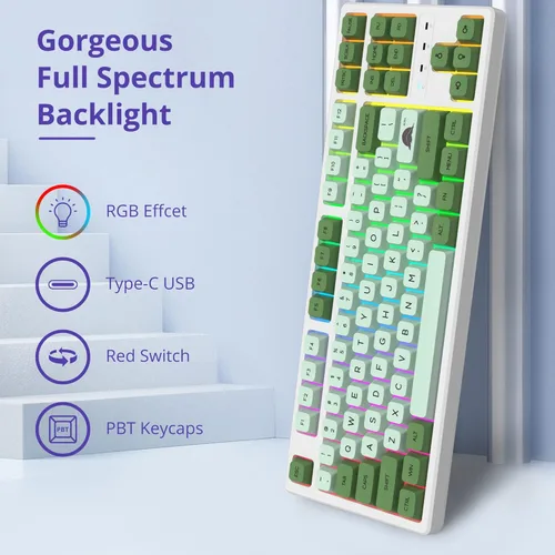 Vista 5 de Teclado mecánico 75% para juegos, 87 teclas compactas TKL con cable, interruptores rojos lineales con cable USB NKRO RGB Teclado retroiluminación