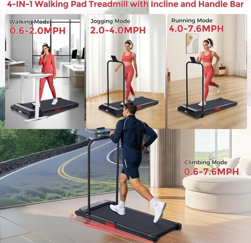 Vista 2 de MCRG Walking Pad Treadmill with Incline, 2026 Upgrade Portable Walking pad Treadmill with Handle Bar, 0.6-7.6MPH Small Treadmills Walking Pad for