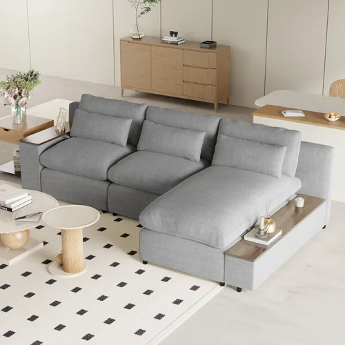 Vista 28 de Sofá modular de felpilla con tapicería en forma de L, sofá modular de 4 asientos con otomana extraíble y 5 almohadas para sala de estar, apartamento