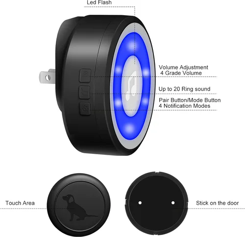 Vista 8 de MYPIN Timbre inalámbrico para perro, campanas de perro para entrenamiento de orinal IP65, impermeable, botón táctil, timbre de 1000 pies de largo