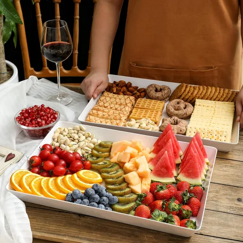Vista 7 de 3 paquetes, 40 x 28 centímetros Bandejas grandes blancas reutilizables de plástico para servir galletas, aperitivos, charcutería, bocadillos