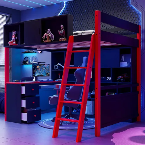 Vista 28 de JIVOIT Twin Size Loft Bed, Esports-Inspired Wooden Gaming Loft Bed with Storage Stairs, Built-in Desk, Shelves & Pegboard, No Box Spring Needed