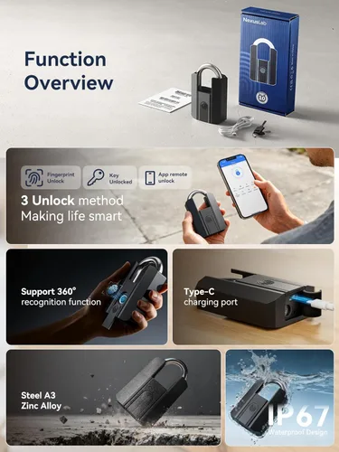 Vista 3 de NexusLab Candado inteligente de huellas dactilares resistente con llave, IP67 impermeable Bluetooth cerradura de puerta al aire libre, control
