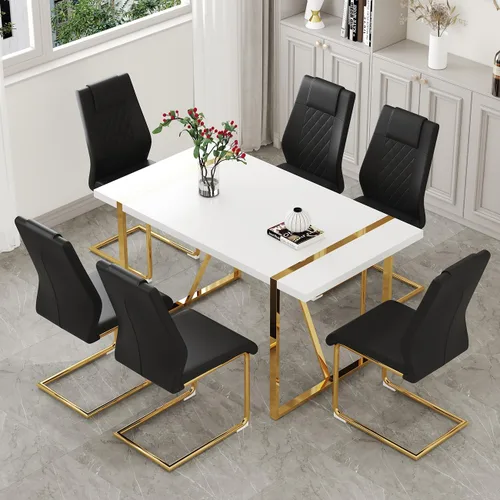 Vista 28 de Juego de mesa de comedor moderna de 55 pulgadas para 4, mesa de comedor negra y marco de metal dorado, mesa de comedor rectangular con 4 sillas