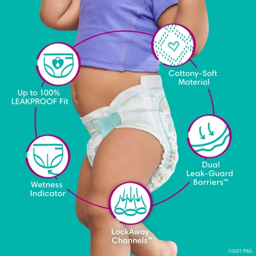 Vista 5 de Pampers Pull On Cruisers - Pañales desechables para bebé de ajuste de 360, tamaño 7, suministro de 2 meses (2 x 88 unidades) con toallitas sensibles