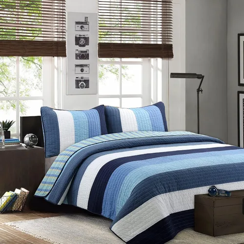 Vista 12 de Cozy Line Home Fashions Waylon - Juego de edredón reversible a rayas 100% algodón, color azul marino, verde y blanco, colcha