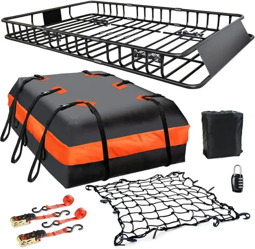 Vista 10 de MeeFar Cesta de portaequipajes universal para techo de 51" X 36" X 5" + Bolsa impermeable de 15 pies cúbicos (44" 34" 17"), y red de carga