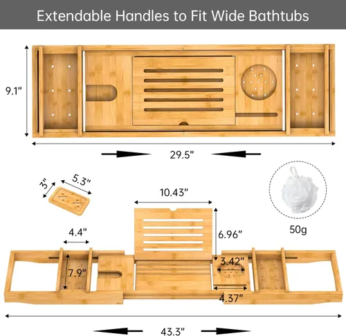 Vista 6 de Bandeja de Bañera de Bambú para Baño de Lujo, Bandeja de Baño Premium Expandible con Soporte para Jabón/Toalla/Libro, Accesorios de Baño Ajustables