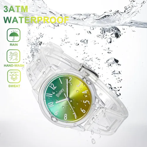 Vista 3 de Reloj transparente para mujer, colorido esfera de arco iris, reloj analógico, simple e impermeable para niñas