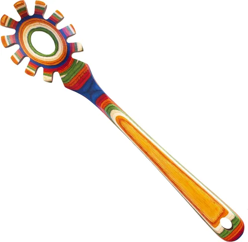 Baltique Marrakesh Collection - Cuchara de madera para espagueti, servidor de pasta de 12.5 pulgadas con dientes, utensilio colorido de madera de