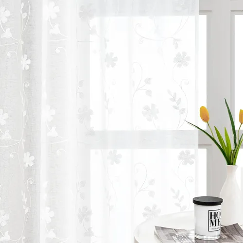 Vista 21 de HOMEIDEAS Cortinas traslúcidas amarillas de 84 pulgadas de largo, 2 paneles de cortinas bordadas con patrón floral amarillo y blanco, cortinas