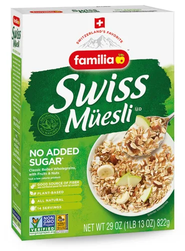 Familia Swiss Muesli Cereal, 0g de azúcar añadido, Cereal energético con pasas, avellanas y almendras, caja de 29 onzas (Paquete de 1)