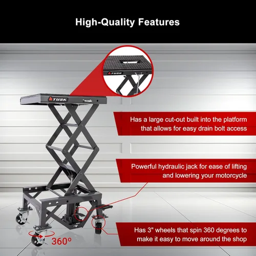 Vista 3 de Tusk Soporte Elevador de Tijera – Ajustable de 13.75–34″ Soporte de Elevación para Motocicleta de Servicio Pesado con Ruedas y Almohadilla Superior