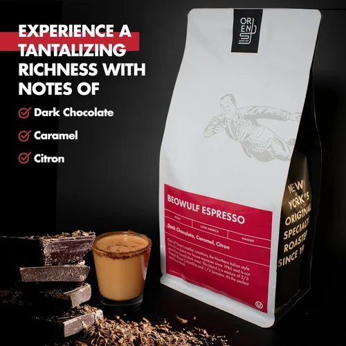 Vista 2 de Oren's Coffee - Mezcla de café espresso Beowulf en grano entero, tostado oscuro, 100% arábica de grado especial, citrona de chocolate amargo