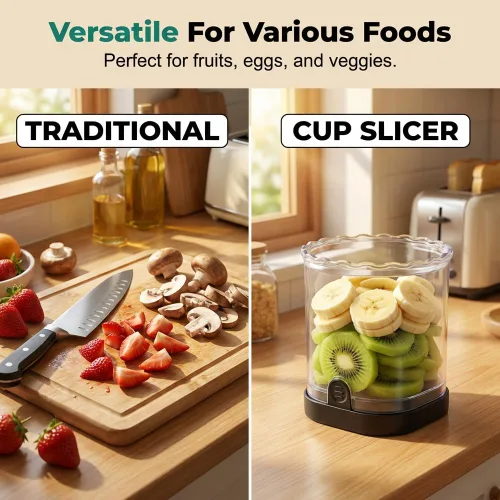 Vista 3 de Fruit Slicer Cup, Strawberry Slicer & Fruit Cutter with Stainless Steel Blades, Push Type Fruit Chopper for Strawberry, Banana, Grape, Reusable