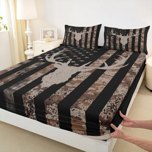 Vista 18 de Homewish Sábana bajera ajustable con diseño de bandera estadounidense de camuflaje para niños, tamaño individual, silueta de cuernos de ciervo