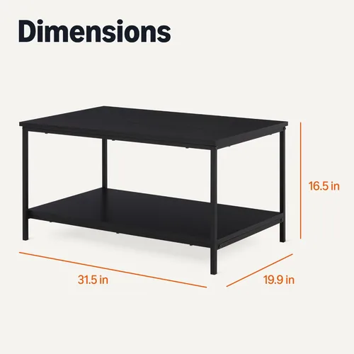 Vista 3 de Yaxa Basics Mesa de centro rectangular con estante inferior, mesa central para sala de estar, color negro de madera, 19.9 pulgadas de profundidad