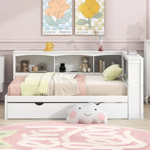 Vista 92 de Quarte Elegante cama de plataforma con estanterías en forma de L, cama de plataforma de madera tamaño individual con 2 cajones de almacenamiento