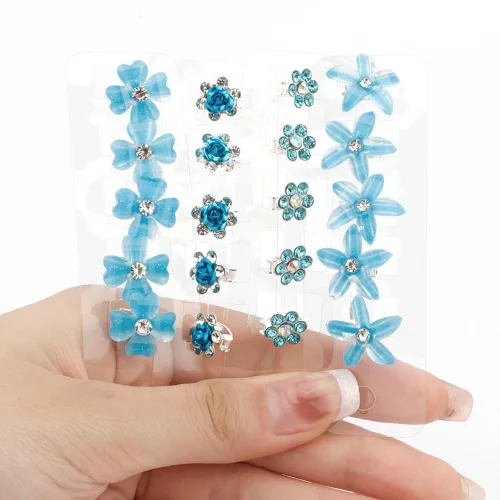 Vista 6 de Ahoney 20 mini clips para el cabello con flores azules con diamantes de imitación, bonitos horquillas para el cabello, decoraciones para boda