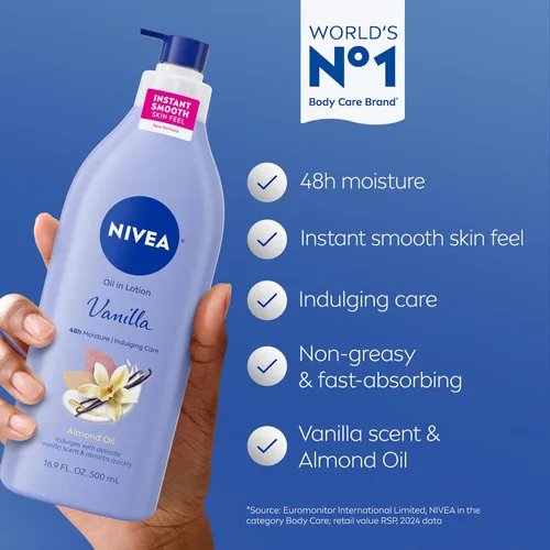 Vista 3 de NIVEA Loción corporal infundida de aceite de vainilla y almendra, 16.9 FL. Oz (paquete de 3)