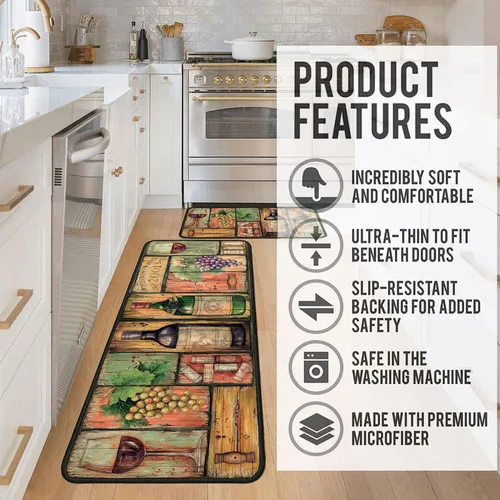 Vista 5 de Juego de 2 alfombras de cocina para vino, antideslizantes, lavables, absorbentes, de microfibra, para el frente del fregadero, para estar de pie