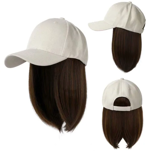 Vista 2 de YEKEYI Gorra de béisbol con extensiones de cabello, peluca sintética para mujer, gorra de béisbol ajustable (beige negro)