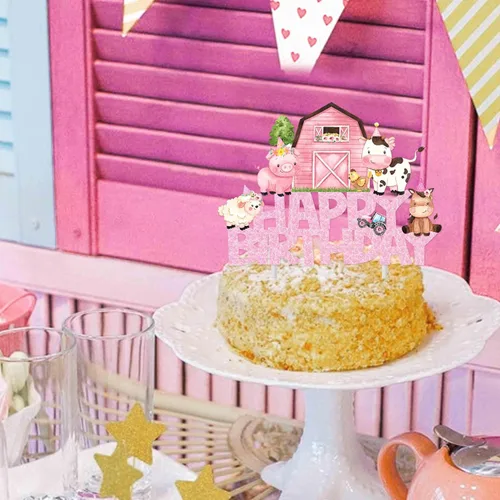 Vista 8 de Decoración rosa para tartas de animales de granja, animales de granja, decoración de fiesta de cumpleaños, decoración de pastel de cumpleaños