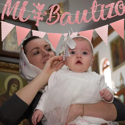 Vista 7 de Mi Bautizo Banner para pastel con purpurina cruzada triangular, pancarta de bautizo rosa, telón de fondo para decoración de primera comunión