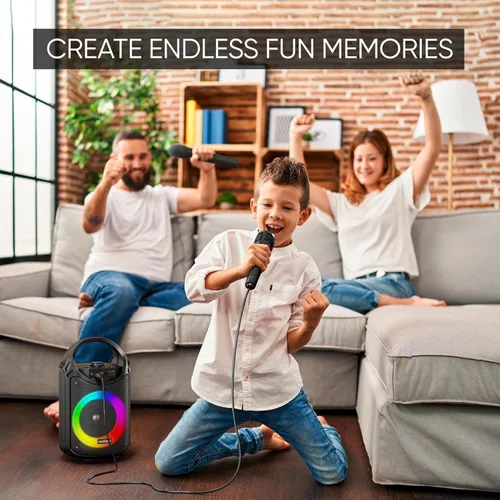 Vista 2 de MASINGO Máquina de karaoke para niños y adultos con 1 micrófono inalámbrico de karaoke y 1 micrófono con cable, altavoz portátil PA con luces LED