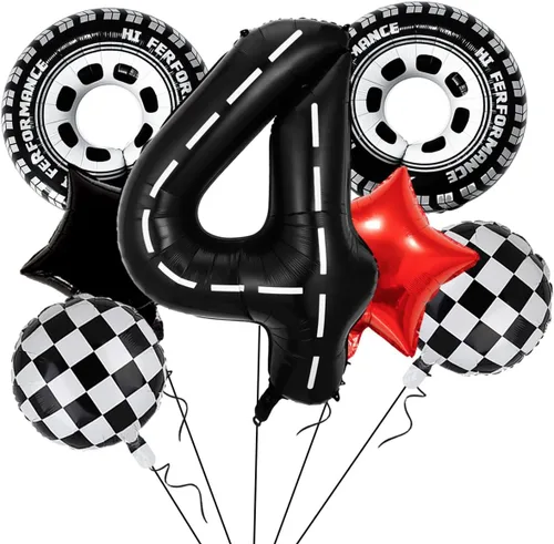 Vista 11 de Decoraciones de fiesta de auto de carreras, globos de neumáticos con ruedas de Mylar, globo grande de 40 pulgadas negro número 1 para el primer