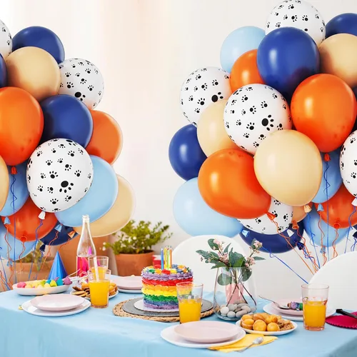 Vista 4 de Funhot Set de Globos Azules y Naranjas, 60 Unidades, Globos Temáticos de Perro, 12 Pulgadas, Globos de Fiesta Pastel Naranja Azul Marino Impresos