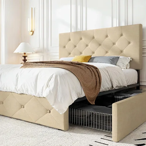 Vista 70 de HOOMIC Base de cama de almacenamiento de plataforma de tamaño matrimonial con 4 cajones y cabecera ajustable, listones de madera, no necesita