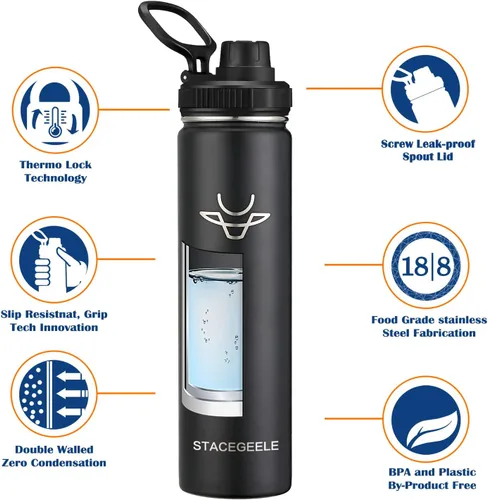 Vista 2 de STACEGEELE Botella de agua aislada al vacío con tapa de boquilla y rosca en la parte superior, termo de acero inoxidable para niños, a prueba