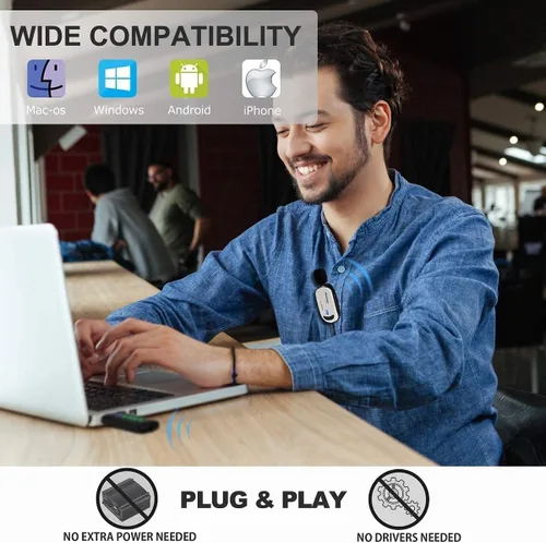 Vista 3 de Alvoxcon Micrófono lavalier inalámbrico para computadora, sistema de micrófono de doble solapa USB para Android, PC, portátil, altavoz, podcasting