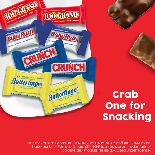 Vista 8 de Butterfinger, CRUNCH, Baby Ruth, 100 barras de caramelo surtidas, ideales para compartir, paquete de 80 unidades a granel, 32.1 onzas