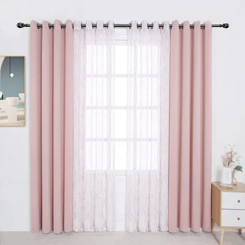Vista 25 de BONZER Cortinas para Mezclar y Combinar - 2 Piezas de Cortinas Transparentes con Estampado de Ramas y 2 Piezas de Cortinas Opacas para Dormitorio