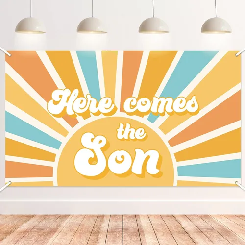 Here Comes The Son - Telón de fondo para baby shower, estilo bohemio, retro, apagado, amanecer, decoración para colgar en la pared, fiesta de