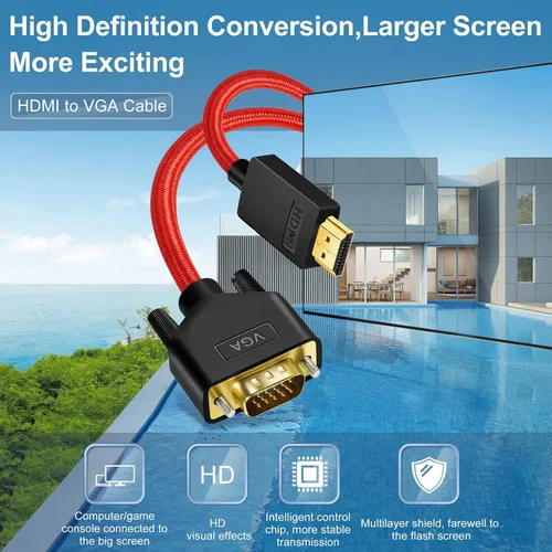Vista 5 de ANNNWZZD Cable HDMI a VGA, cable HDMI VGA trenzado de nailon para monitor, proyector, PC, escritorio, TV, rojo, 3FT1M