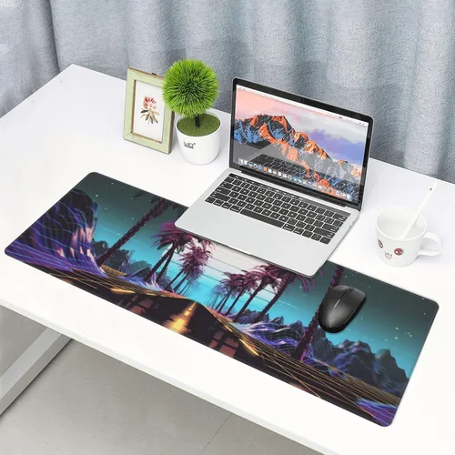 Vista 7 de Retrowave Synthwave - Alfombrilla de mouse grande para juegos, XL, alfombrilla de mouse larga extendida, base de goma antideslizante, bordes