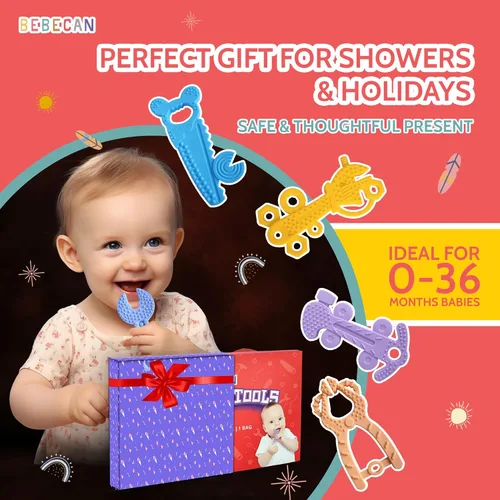Vista 6 de Herramientas de dentición para bebé: 5 juguetes de dentición de silicona de grado alimenticio de alta calidad, 2 correas para seguridad y bolsa