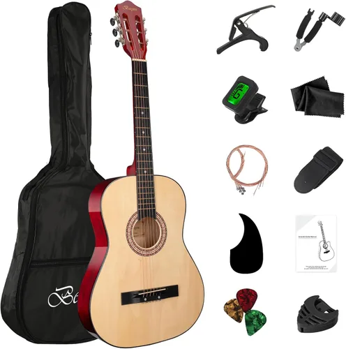 Vista 11 de Kit básico de guitarra acústica para principiantes de 38 pulgadas, bolsa de afinador, cuerdas de cejilla, bobinadoras, púas de correa, para Azul