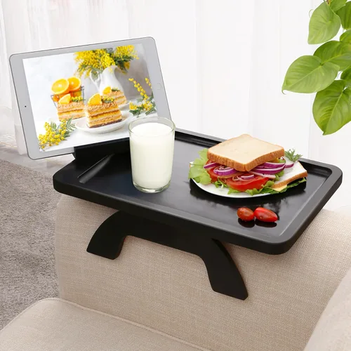 Vista 19 de Mesa de brazo para sofá, mesa de bambú para sofá con soporte para teléfono, mesas con reposabrazos con clip para mesa de reposabrazos, bandeja