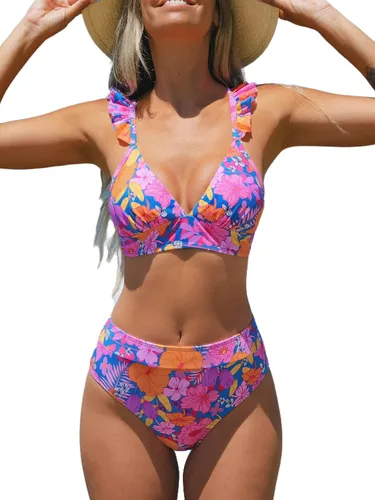 CUPSHE Conjunto de bikini de 2 piezas para mujer, traje de baño de cintura alta, estampado floral, volantes, cuello en V