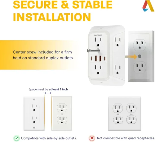 Vista 8 de Multi Plug Wall Outlet Extender - 6 Outlet Splitter & 4 USB Ports with 20W PD USB-C Fast Charging, Smart Night Light, 3-Sided 1050J Surge Protector