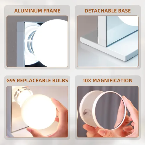 Vista 4 de VANITII Espejo de tocador con luces y 12 bombillas G95 luces de 32 x 23 pulgadas, espejo de maquillaje Hollywood grande con altavoz Bluetooth