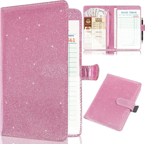 Vista 11 de Libro de servidor para camarera, organizador de libro de camarero de cuero con bolsillo con cremallera, cartera de dinero con brillantina