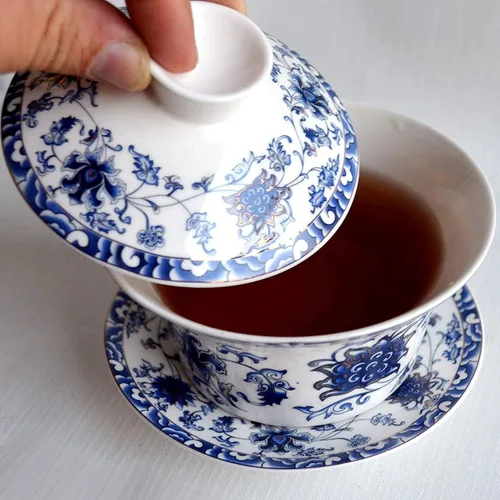 Vista 5 de YBK Tech - Taza de té grande de Gaiwan, de porcelana de 10 onzas, con platillo y tapa, Gaiwan tradicional chino, cuenco de té Sancai (1#)
