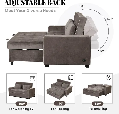 Vista 12 de Merax Cama tapizada de lino de 65.7 pulgadas, sofá cama extraíble adjunta 2 cojines, puerto de carga USB doble y respaldo ajustable para sala de Gris